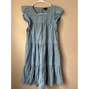 J Crew Chambray Tiered Ruffle  Dress Light‎ Blue Size 0 Western Coastal Boho